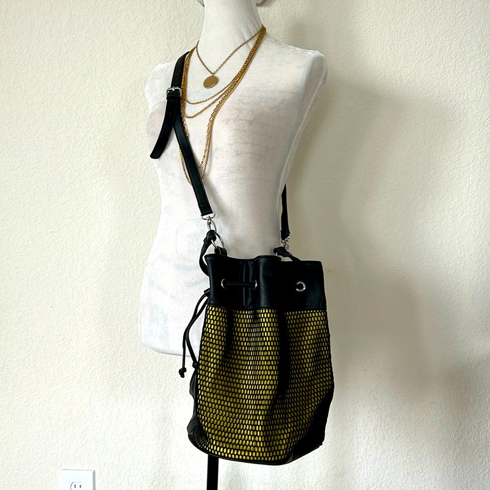 JustFab • Chartreuse Mesh Fishnet Vegan Leather Crossbody Shoulder Bucket Bag
